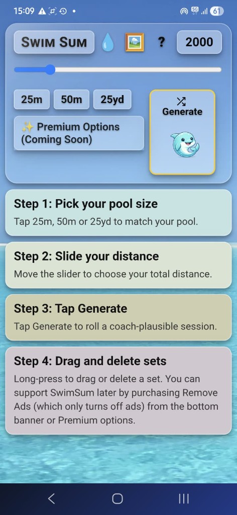 SwimSum app – workout with warm up, build, main, sprint, cool down