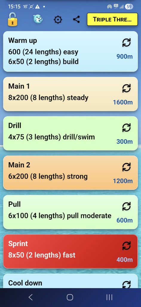 SwimSum app – longer workout with main sets and pull